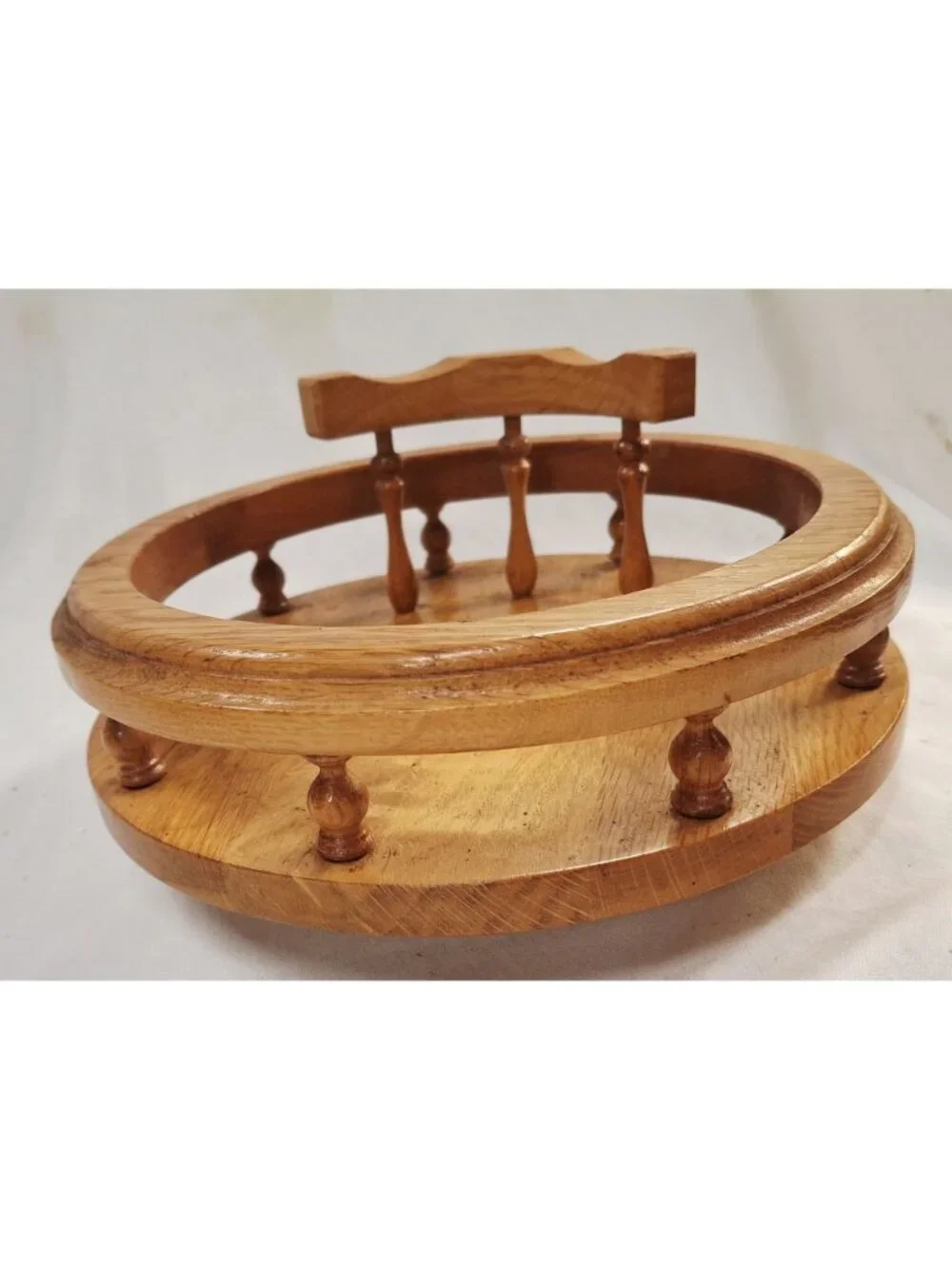 Vintage Solid Oak Lazy Susan With Handle & Decorative Spindles For Tabletop Serv